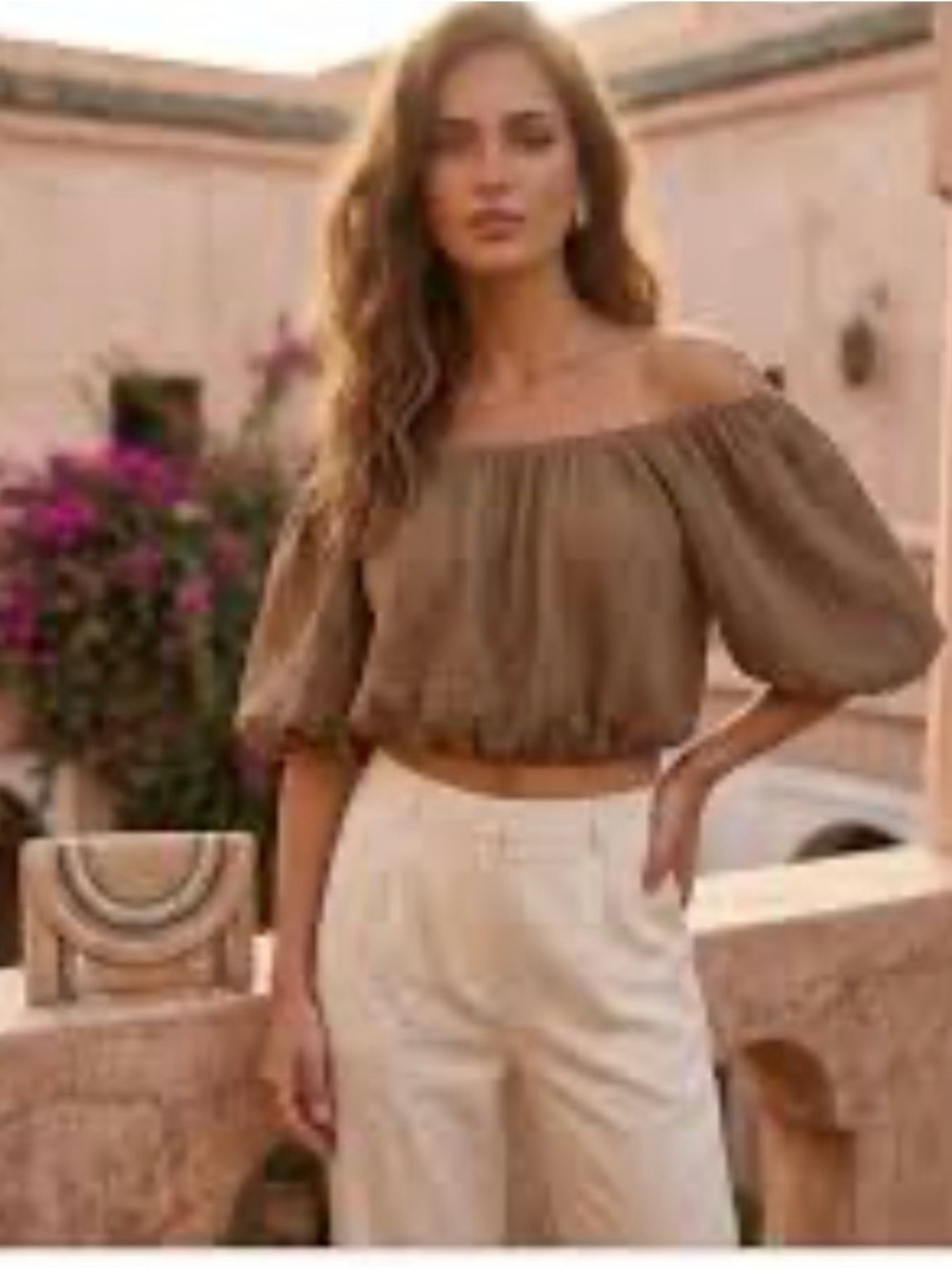 OAK + FORT Cream Off-the-Shoulder Crop Top